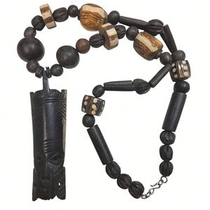 Vintage Tribal Ethnic Wood Carved Beads Necklace Unique African Travel Souvenir